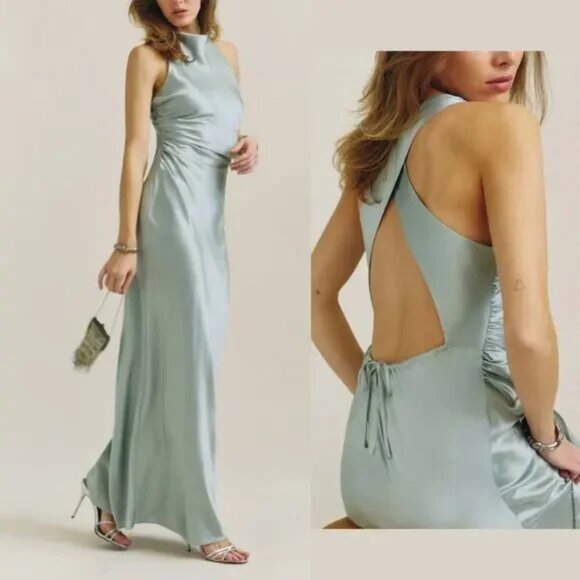 Reformation Dresses & Skirts - Reformation Anaiis Silk Maxi Dress NEW Aquamarine Open Back High Neck Size 4